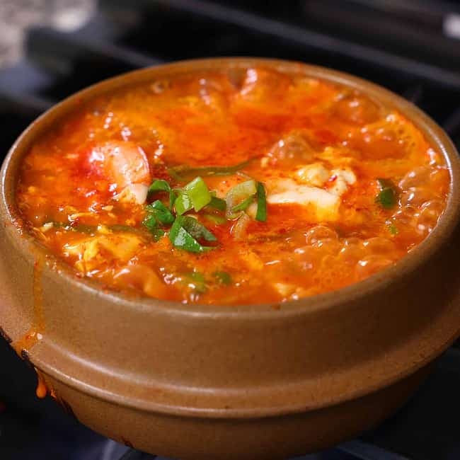 Haemul Sundubu-Jjigae  (해물 순두부찌개, Spicy Soft Tofu Stew With Seafood)